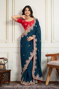 Teal Star Georgette Embroidered Function wear Saree RTI