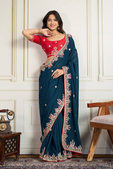 Teal Star Georgette Embroidered Function wear Saree RTI