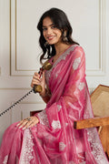 Pink Twill Net Embroidered party wear Designer Saree RTI