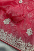 Pink Twill Net Embroidered party wear Designer Saree RTI