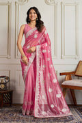 Pink Twill Net Embroidered party wear Designer Saree RTI