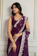 Wine Twill Net Embroidered party wear Designer Saree RTI