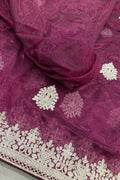Wine Twill Net Embroidered party wear Designer Saree RTI