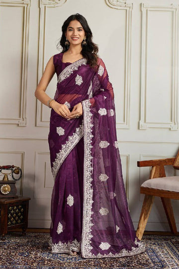 Wine Twill Net Embroidered party wear Designer Saree RTI