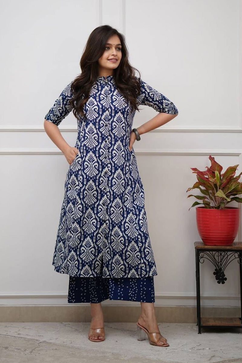 Navy Blue Ikat Print Cotton Kurta Set with Pants – Ethnic Chic PR