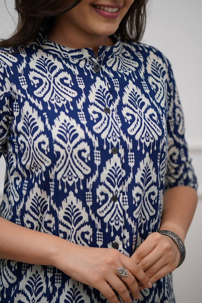 Navy Blue Ikat Print Cotton Kurta Set with Pants – Ethnic Chic PR