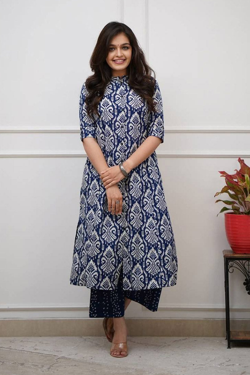 Navy Blue Ikat Print Cotton Kurta Set with Pants – Ethnic Chic PR