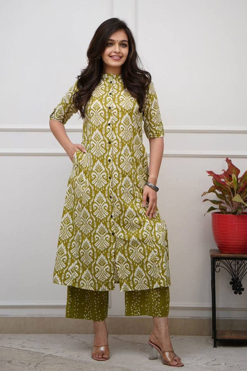 Green Ikat Print Cotton Kurta Set with Pants – Ethnic Chic RTI
