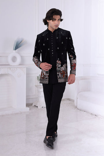 Midnight Majesty Black Velvet Embroidered Men's Jacket RTI
