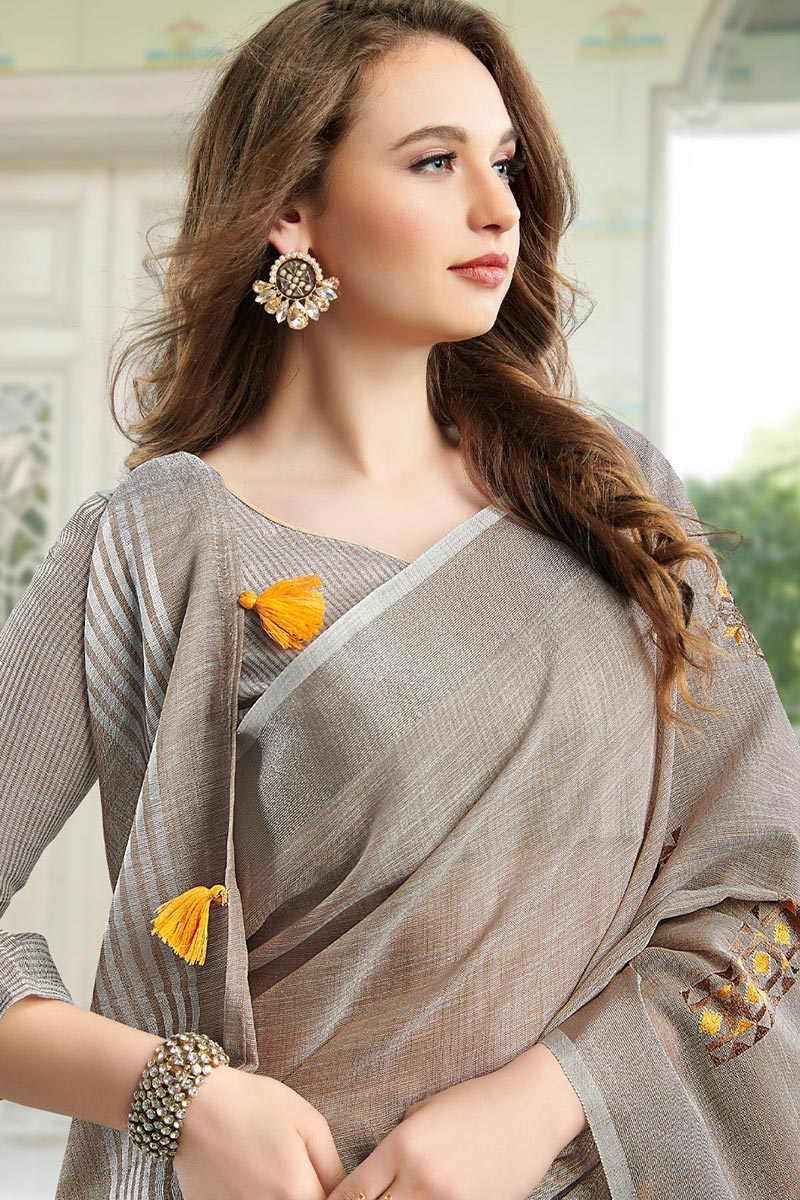 Light Beige Handloom Cotton Saree with Floral Embroidery RTI