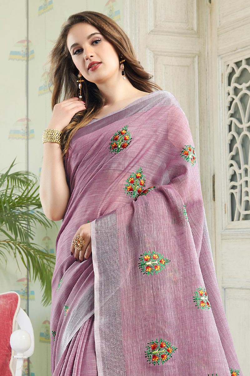 Light Purple Handloom Cotton Saree with Floral Embroidery RTI