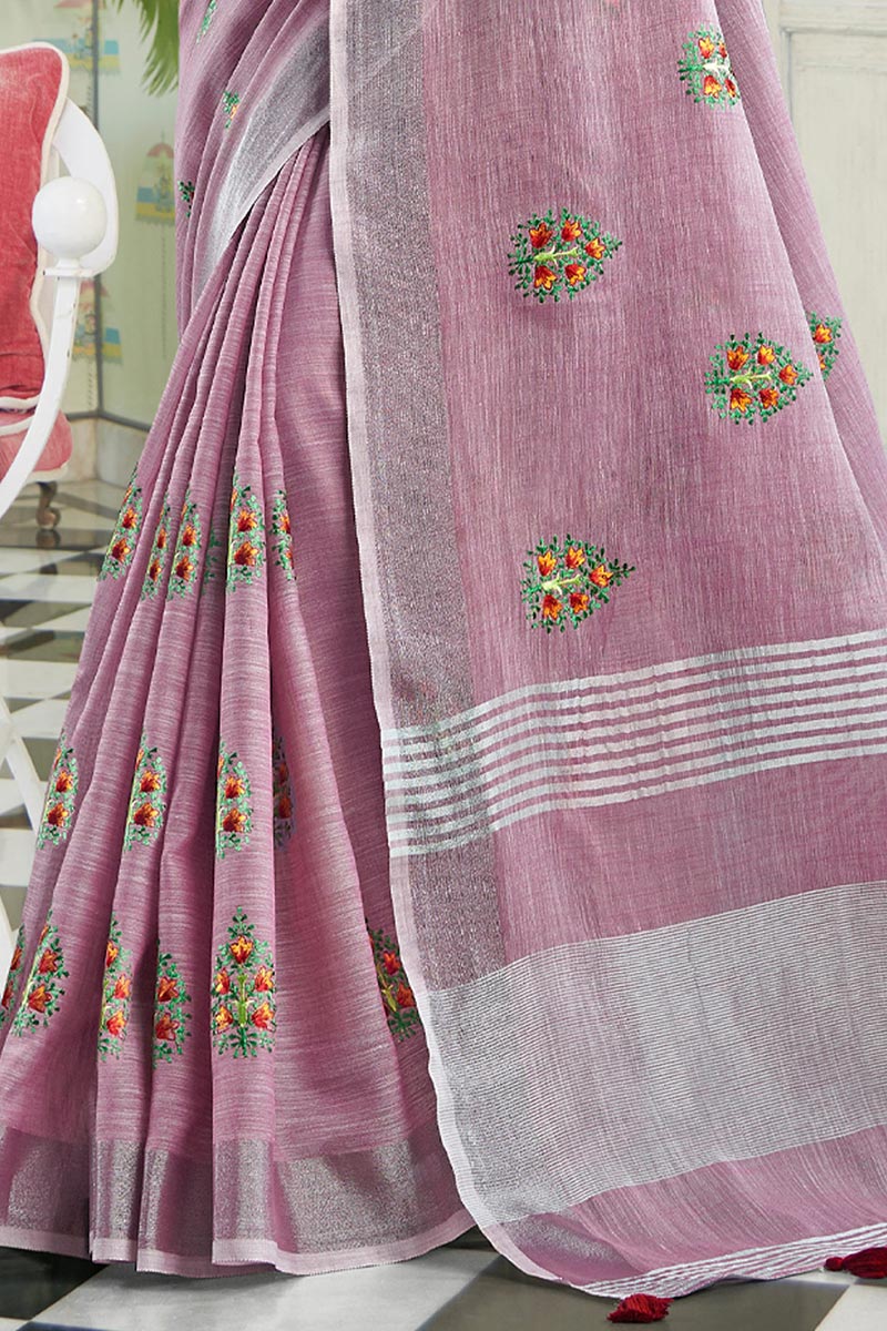 Light Purple Handloom Cotton Saree with Floral Embroidery RTI