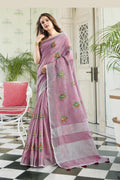 Light Purple Handloom Cotton Saree with Floral Embroidery RTI