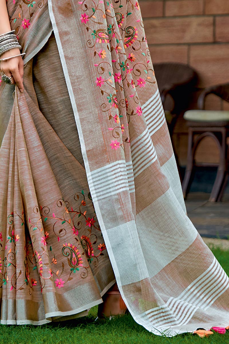 Elegant Beige Embroidered Linen Cotton Saree with Floral Motifs RTI