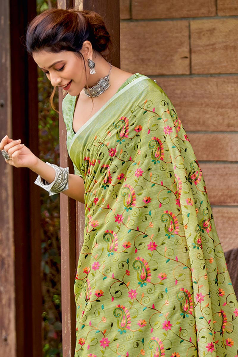 Yellow Green Embroidered Linen Cotton Saree with Floral Motifs RTI