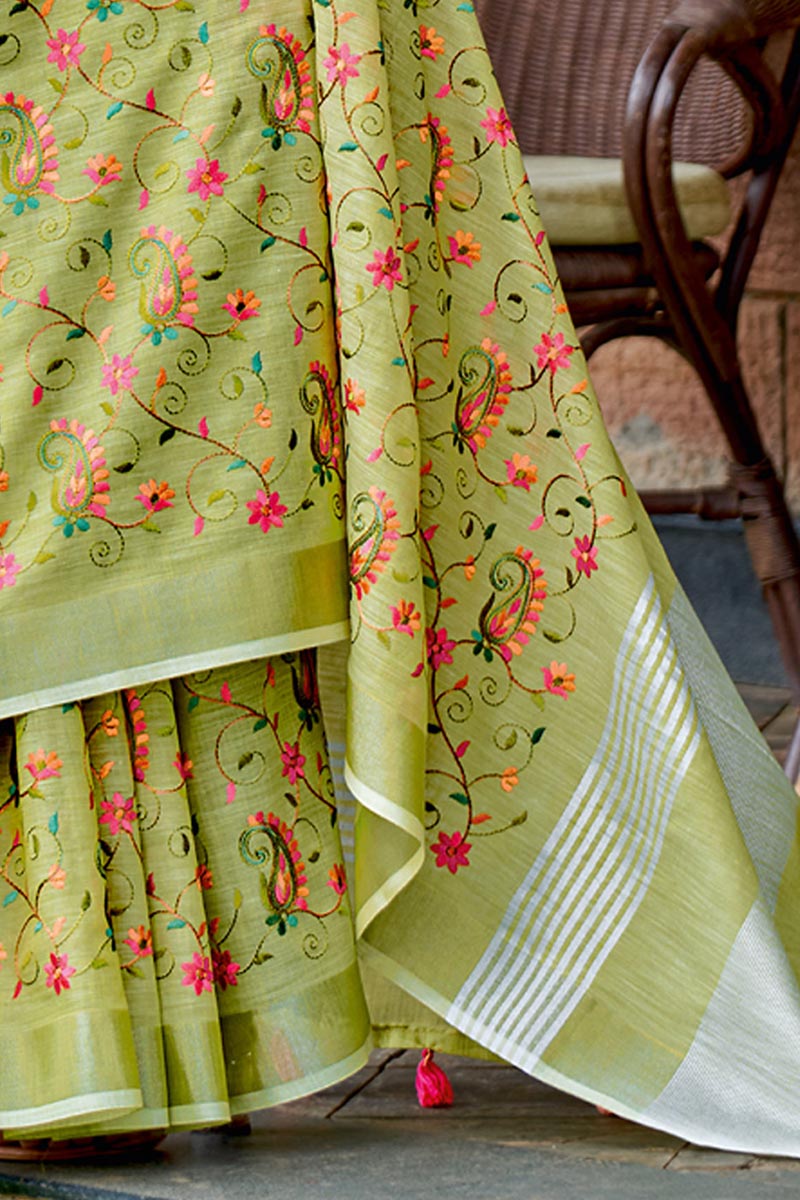 Yellow Green Embroidered Linen Cotton Saree with Floral Motifs RTI