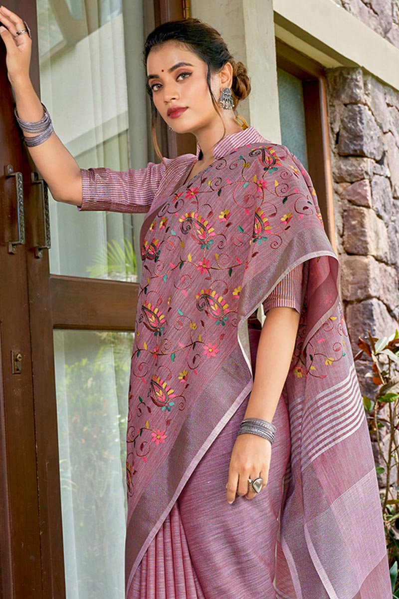 Purple Embroidered Linen Cotton Saree with Floral Motifs RTI