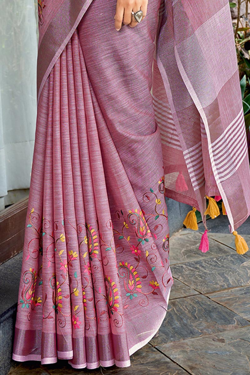 Purple Embroidered Linen Cotton Saree with Floral Motifs RTI