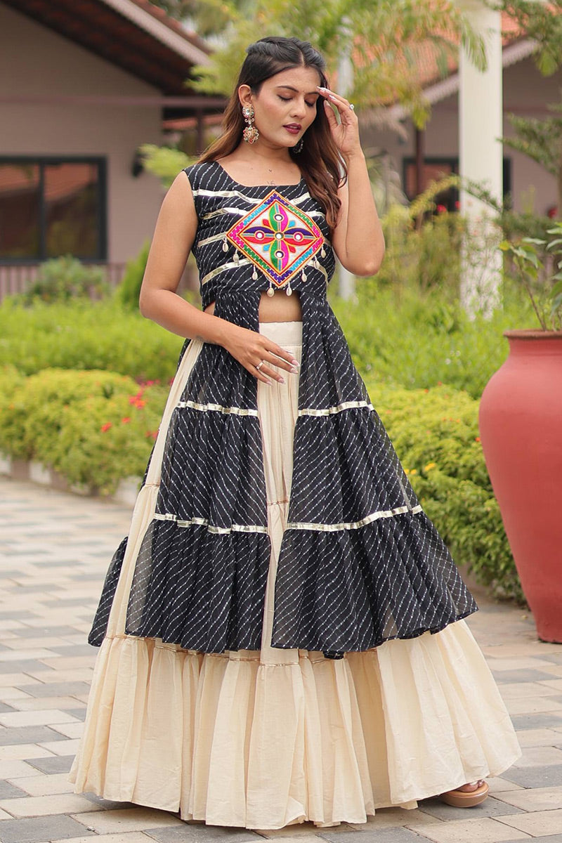 Navratri Special Mirrorwork Black & Ivory Tiered Lehenga Set RTI