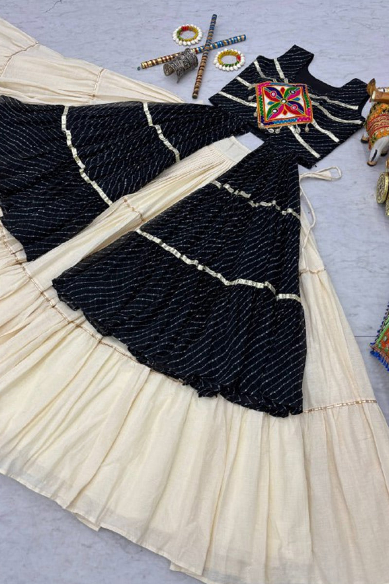 Navratri Special Mirrorwork Black & Ivory Tiered Lehenga Set RTI
