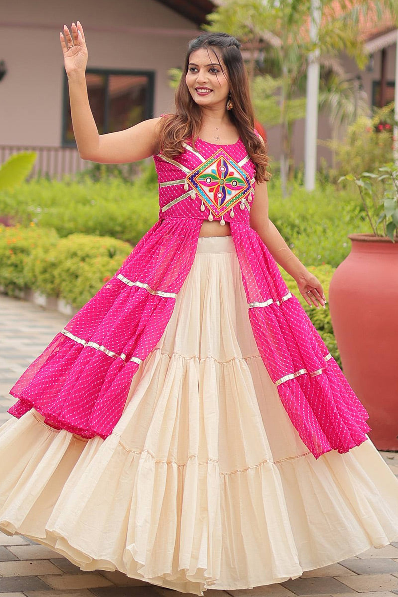 Navratri Special Mirrorwork Black & Pink Tiered Lehenga Set RTI