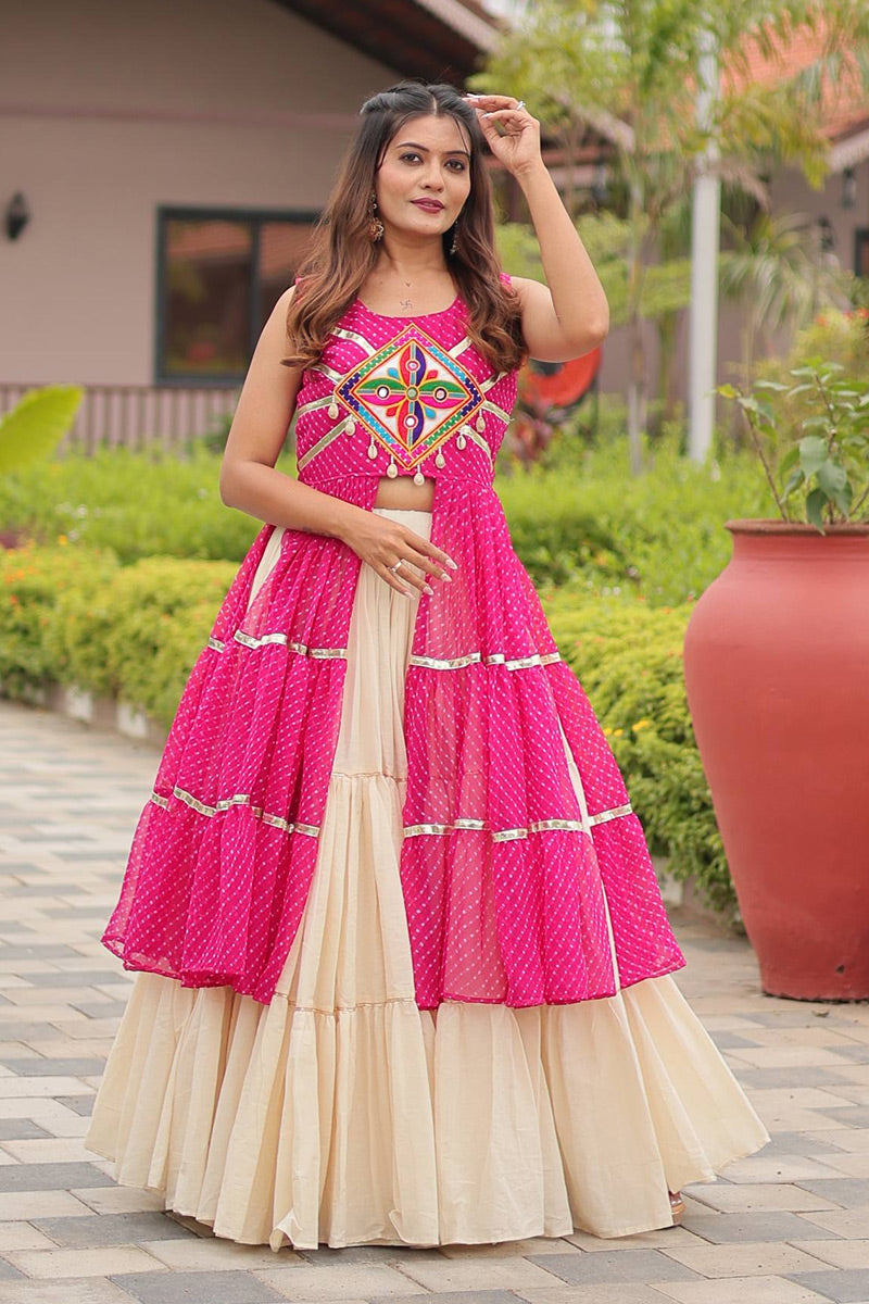 Navratri Special Mirrorwork Cream & Pink Tiered Lehenga Set RTI