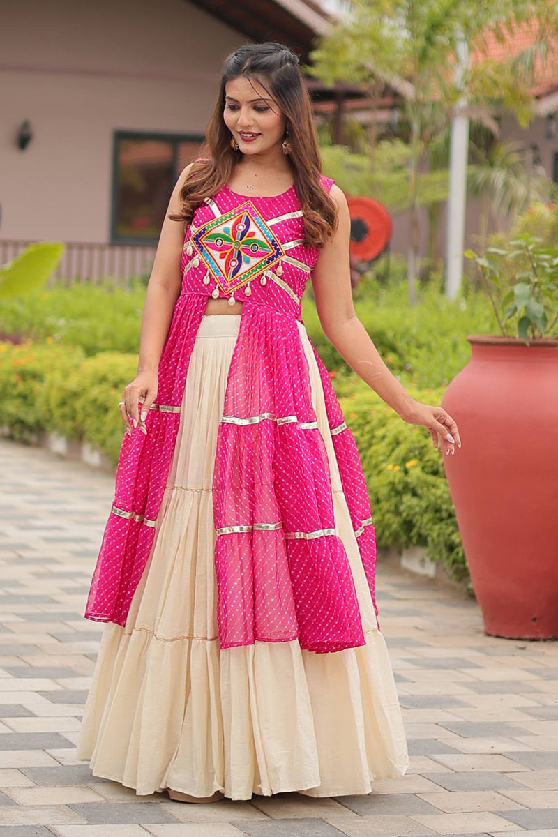 Navratri Special Mirrorwork Cream & Pink Tiered Lehenga Set RTI