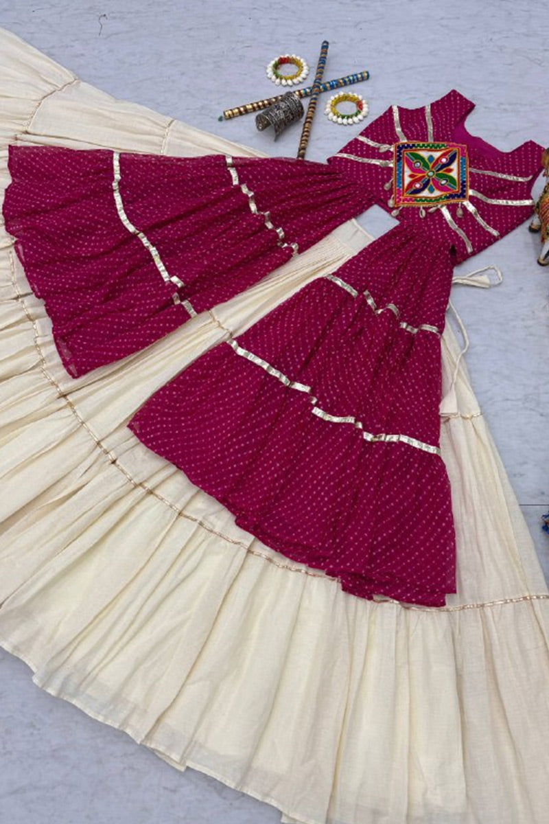 Navratri Special Mirrorwork Cream & Pink Tiered Lehenga Set RTI