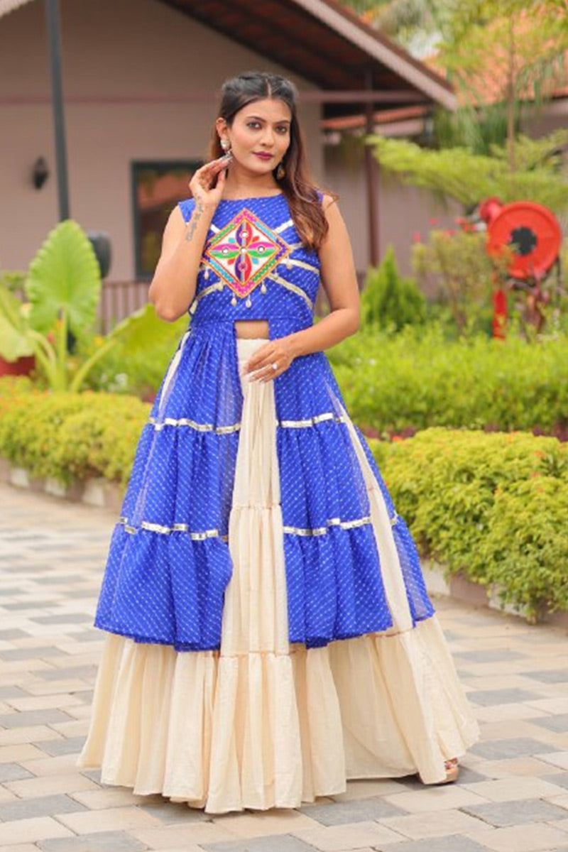 Navratri Special Mirrorwork Cream & Blue Tiered Lehenga Set RTI