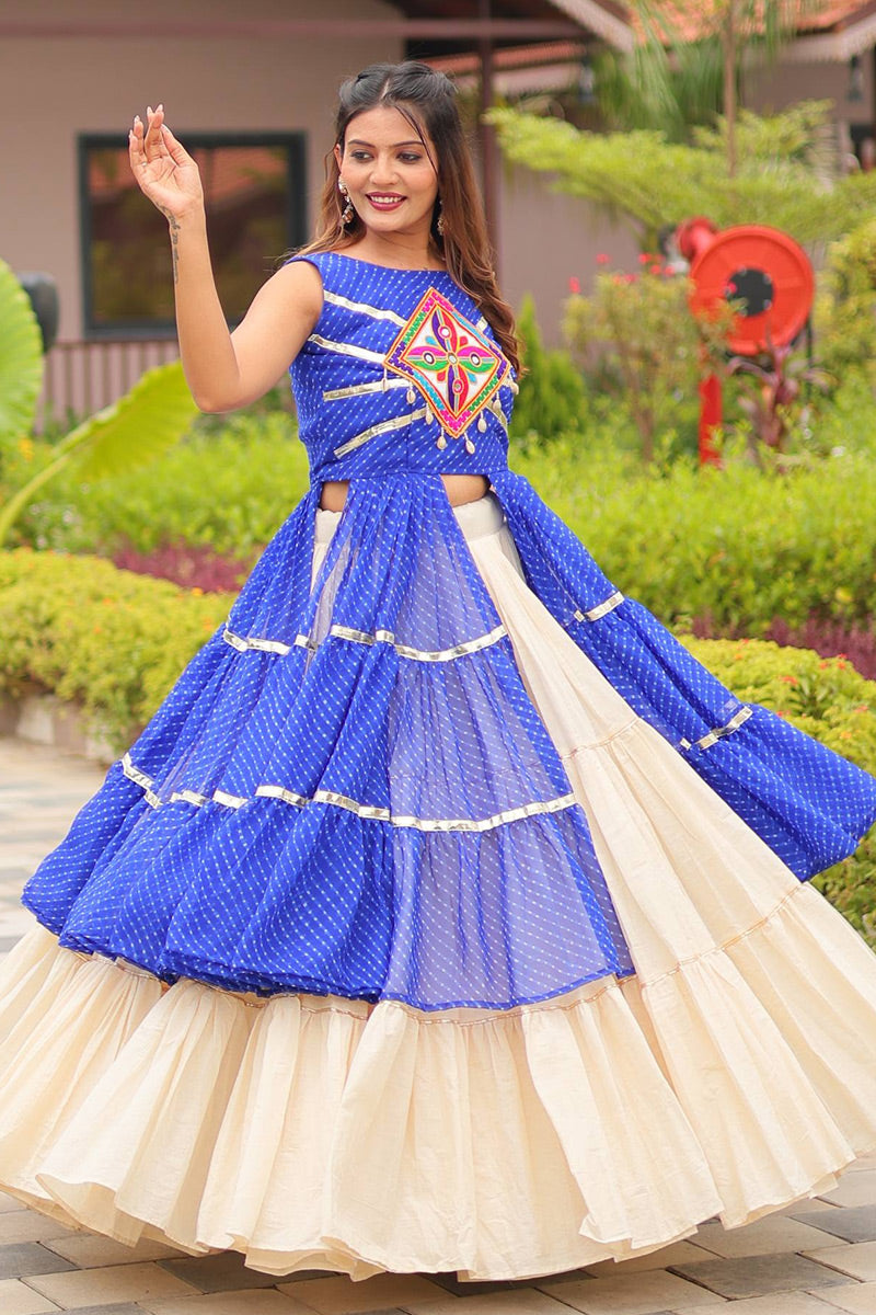 Navratri Special Mirrorwork Cream & Blue Tiered Lehenga Set RTI