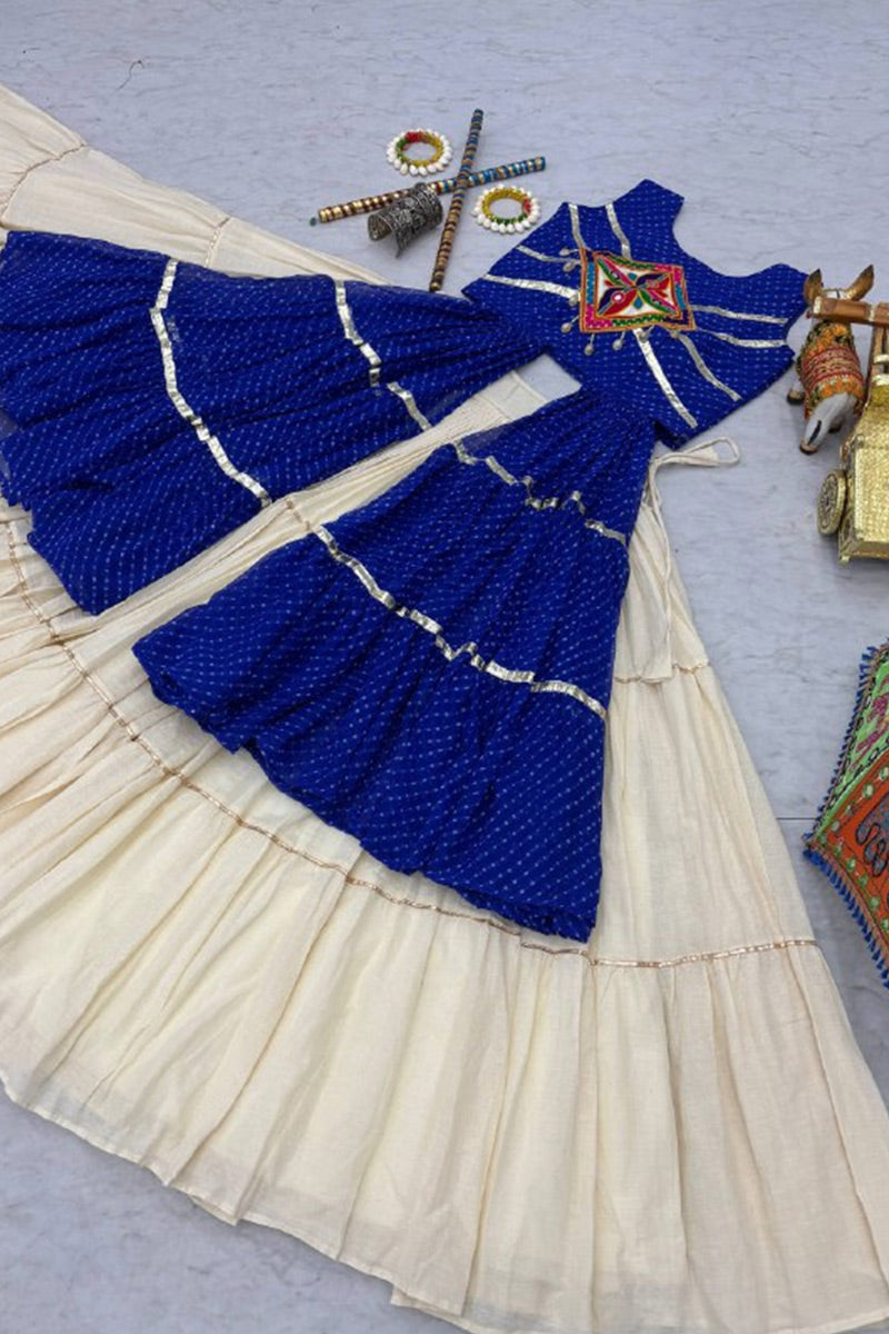 Navratri Special Mirrorwork Cream & Blue Tiered Lehenga Set RTI