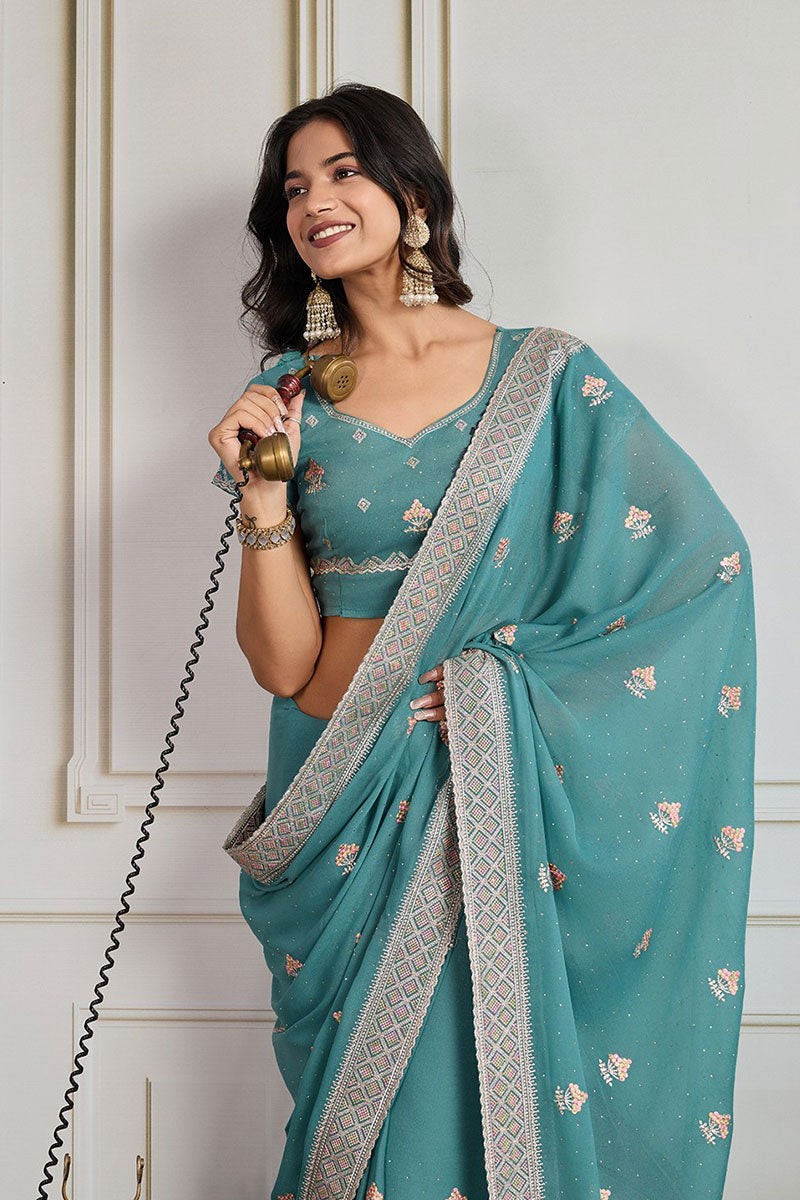 Teal Green Embroidered Silk Saree with Matching Blouse – Elegant Designer Drapes RTI