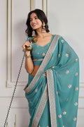 Teal Green Embroidered Silk Saree with Matching Blouse – Elegant Designer Drapes RTI