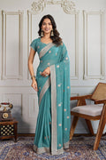 Teal Green Embroidered Silk Saree with Matching Blouse – Elegant Designer Drapes RTI