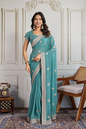Teal Green Embroidered Silk Saree with Matching Blouse – Elegant Designer Drapes RTI