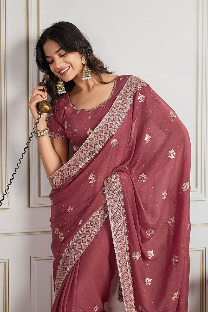 Dusty Pink Embroidered Silk Saree with Matching Blouse – Elegant Designer Drapes RTI