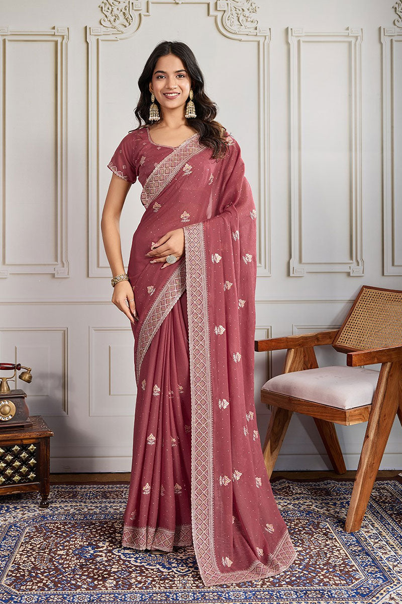 Dusty Pink Embroidered Silk Saree with Matching Blouse – Elegant Designer Drapes RTI