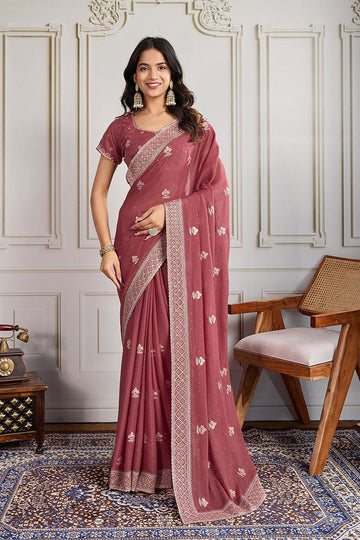 Dusty Pink Embroidered Silk Saree with Matching Blouse – Elegant Designer Drapes RTI