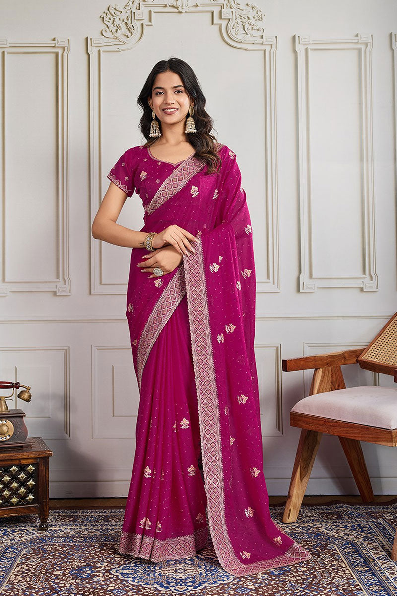 Pink Embroidered Silk Saree with Matching Blouse – Elegant Designer Drapes RTI