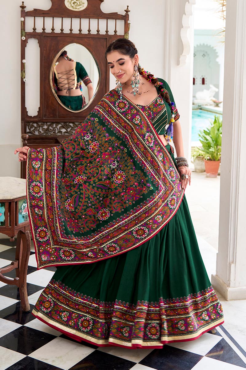 Deep Green Embroidered Lehenga Choli with Floral Dupatta RTI
