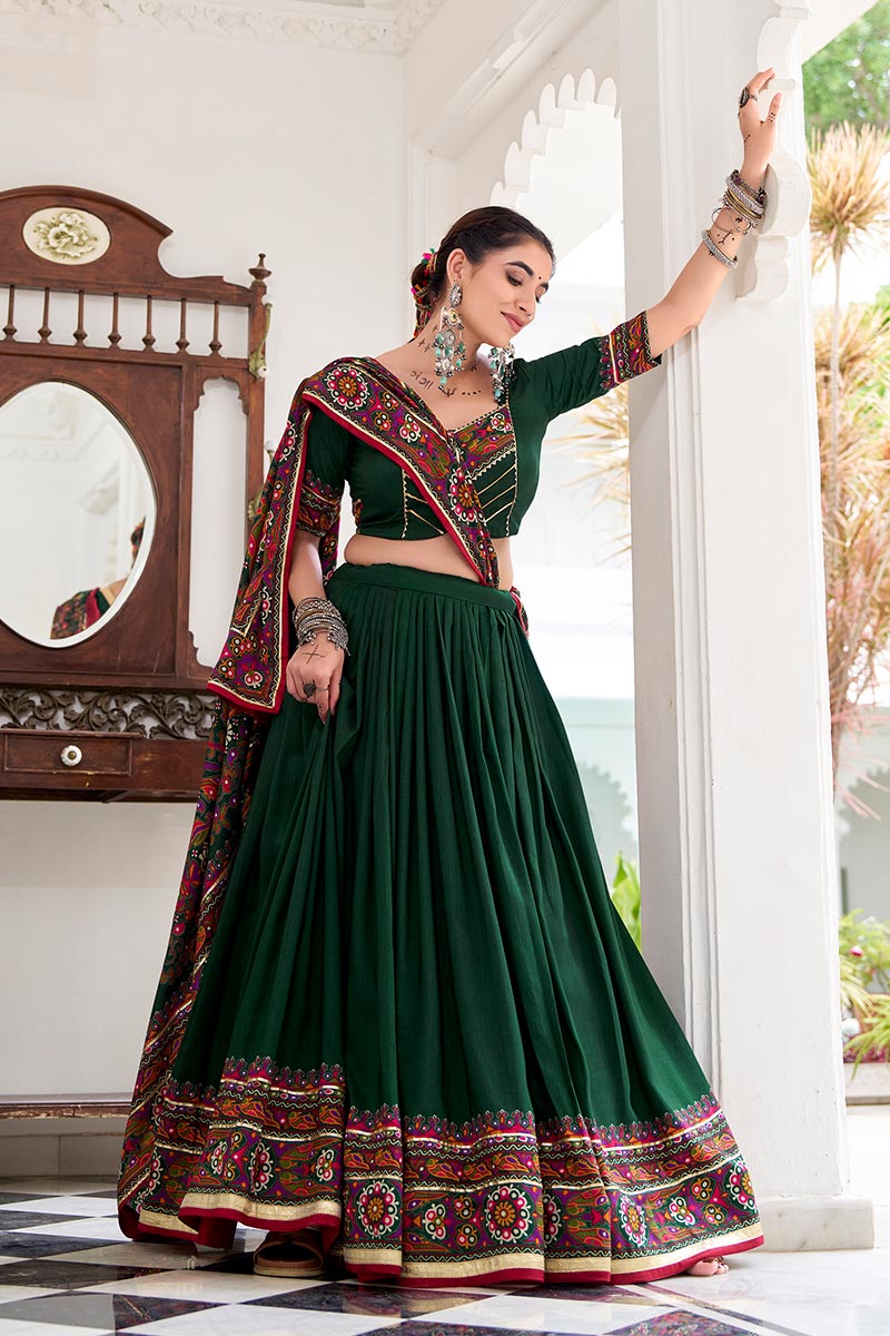 Deep Green Embroidered Lehenga Choli with Floral Dupatta RTI