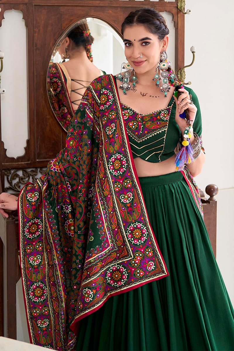 Deep Green Embroidered Lehenga Choli with Floral Dupatta RTI