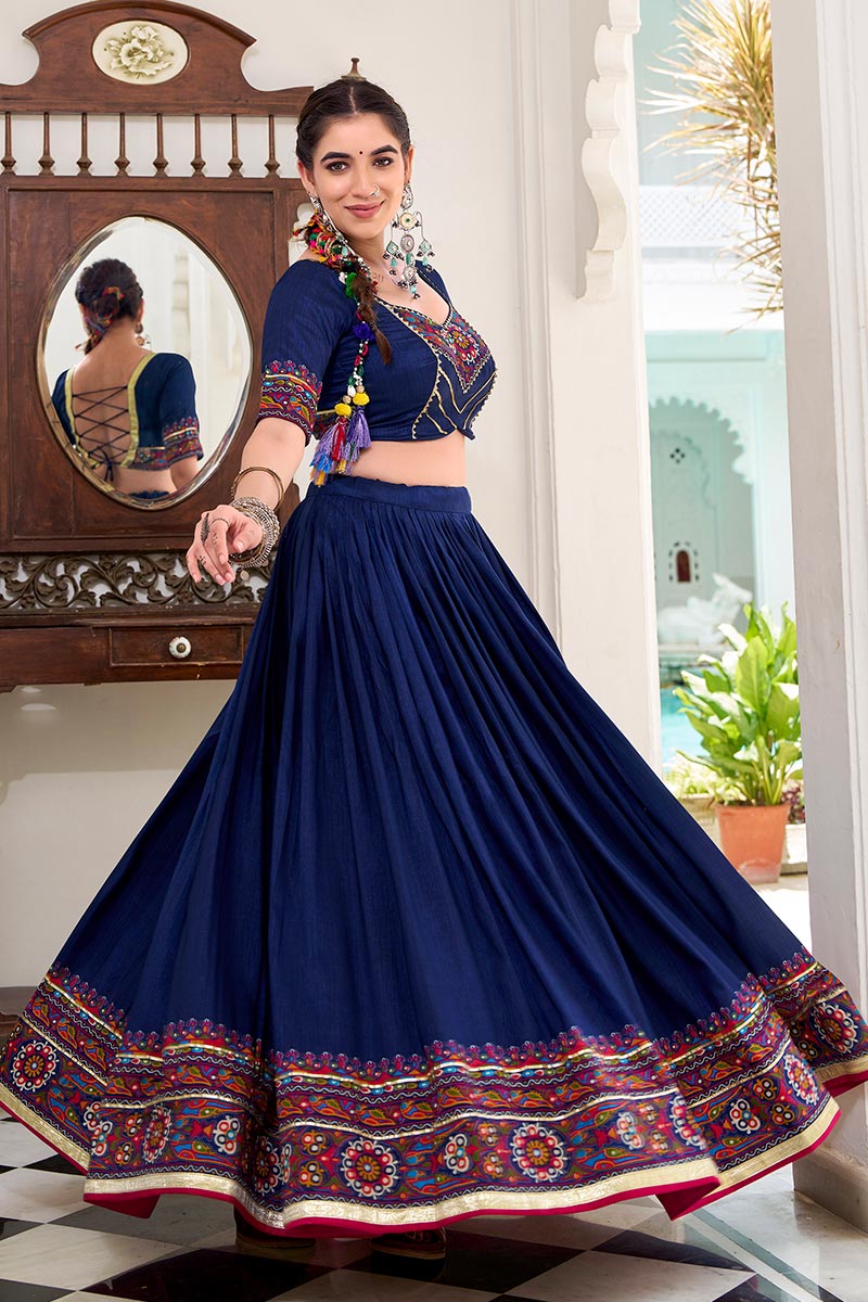 Navy Blue Embroidered Lehenga Choli with Floral Dupatta RTI