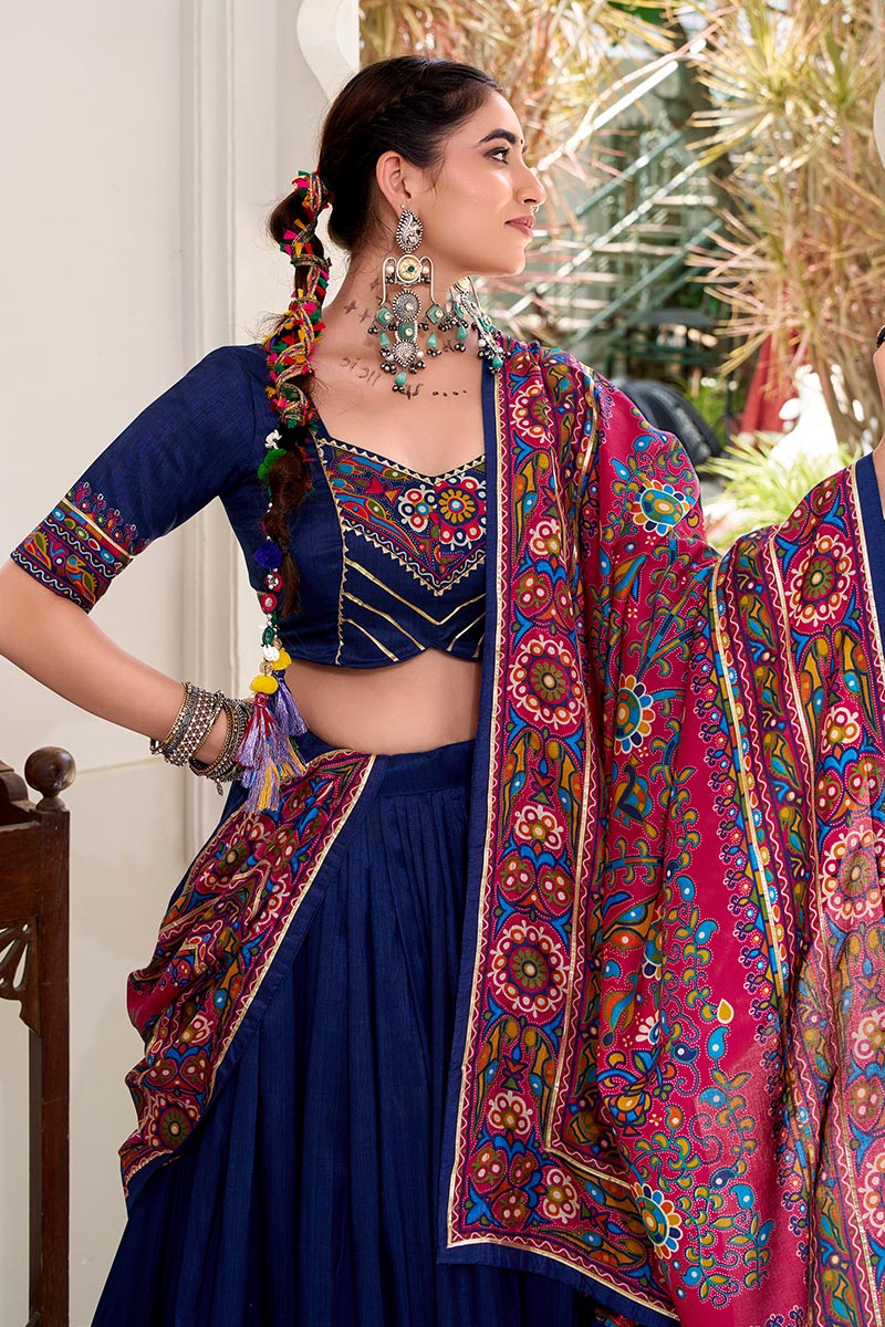 Navy Blue Embroidered Lehenga Choli with Floral Dupatta RTI