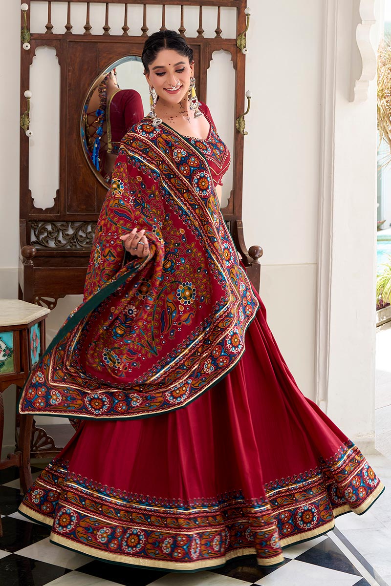Red Embroidered Lehenga Choli with Floral Dupatta RTI