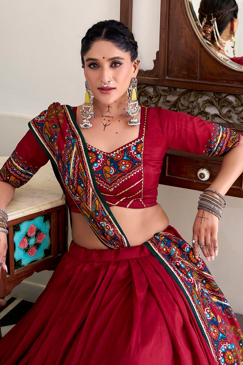 Red Embroidered Lehenga Choli with Floral Dupatta RTI
