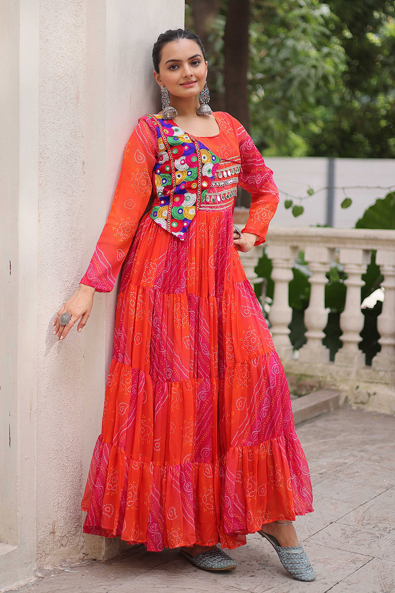 Vibrant Orange-Pink Printed Maxi Dress with Mirror-Embroidered Yoke – Navratri Ready RTI