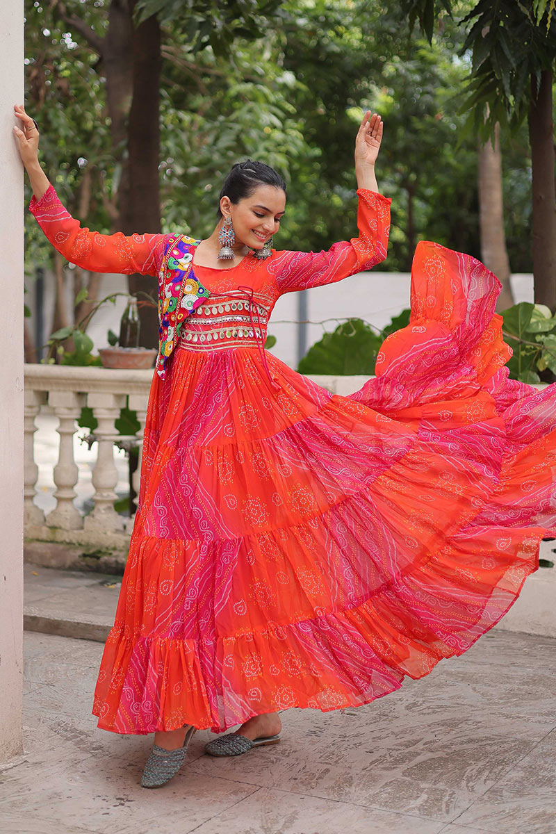 Vibrant Orange-Pink Printed Maxi Dress with Mirror-Embroidered Yoke – Navratri Ready RTI
