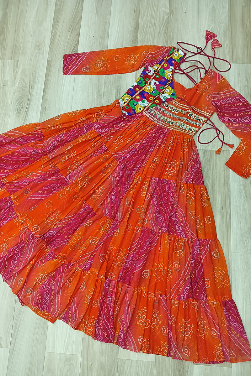 Vibrant Orange-Pink Printed Maxi Dress with Mirror-Embroidered Yoke – Navratri Ready RTI