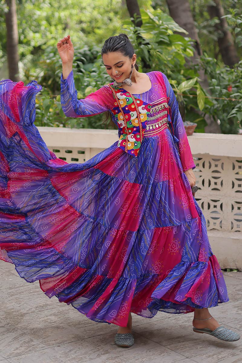Vibrant Blue-Pink Printed Maxi Dress with Mirror-Embroidered Yoke – Navratri Ready RTI